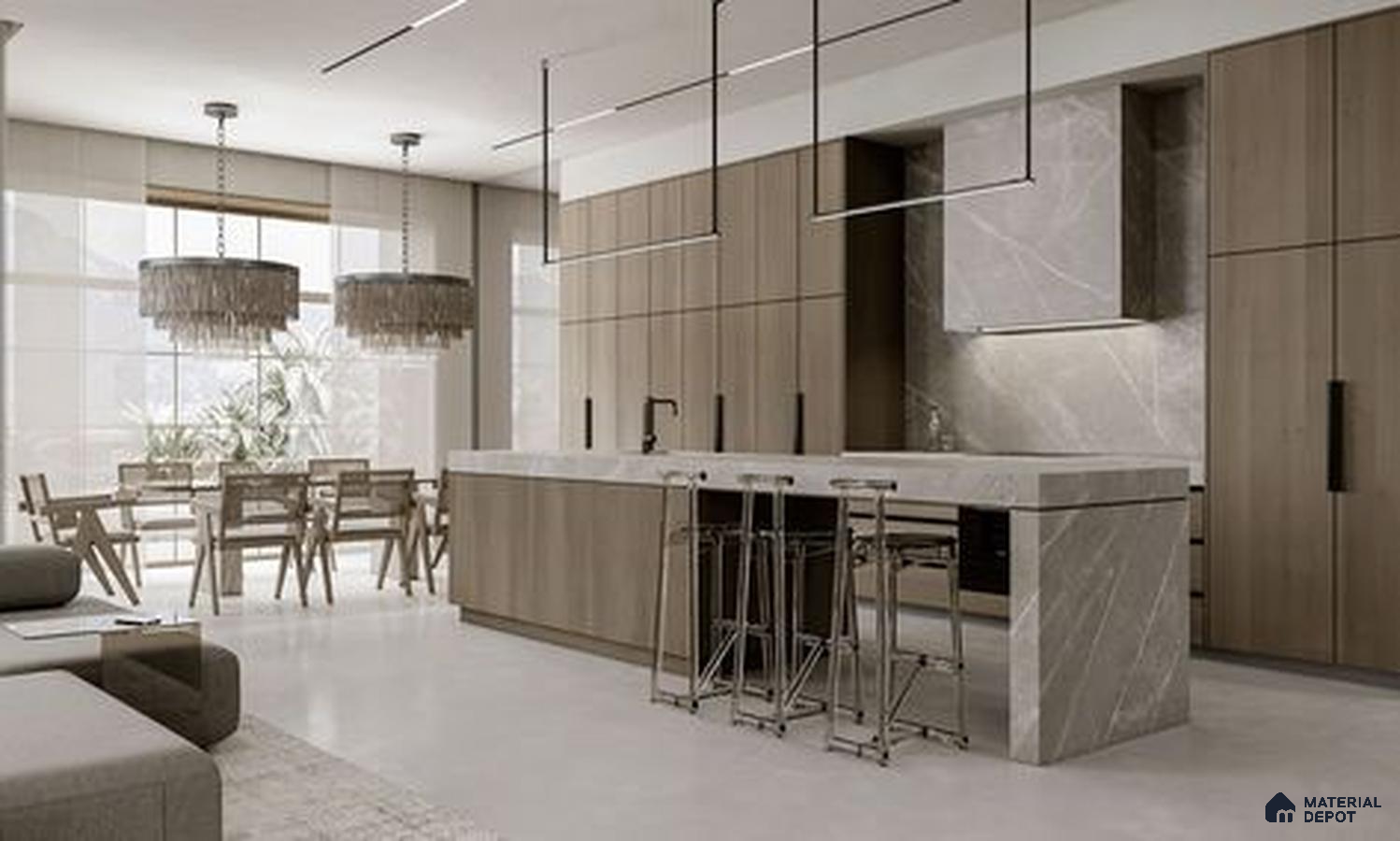 a kitchen with marble counter tops and wooden cabinetry, along with an island in the middle of the middle of the island with stairs leading to shop & more counter top space to an island in the middle of